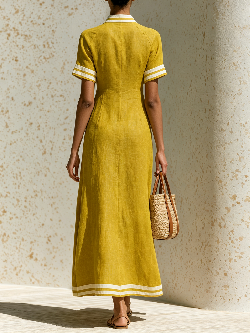 Mustard Contrast White Stripe Zip Front Linen Midi Dress