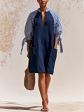 Stand Collar V-Neck Raglan Striped Sleeve Linen Blend Mini Shift Dress With Side Pockets