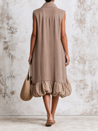 Sleeveless Half-Zip Stand Collar Bubble Hem Midi Dress, Loose Pocket Casual Summer Dress