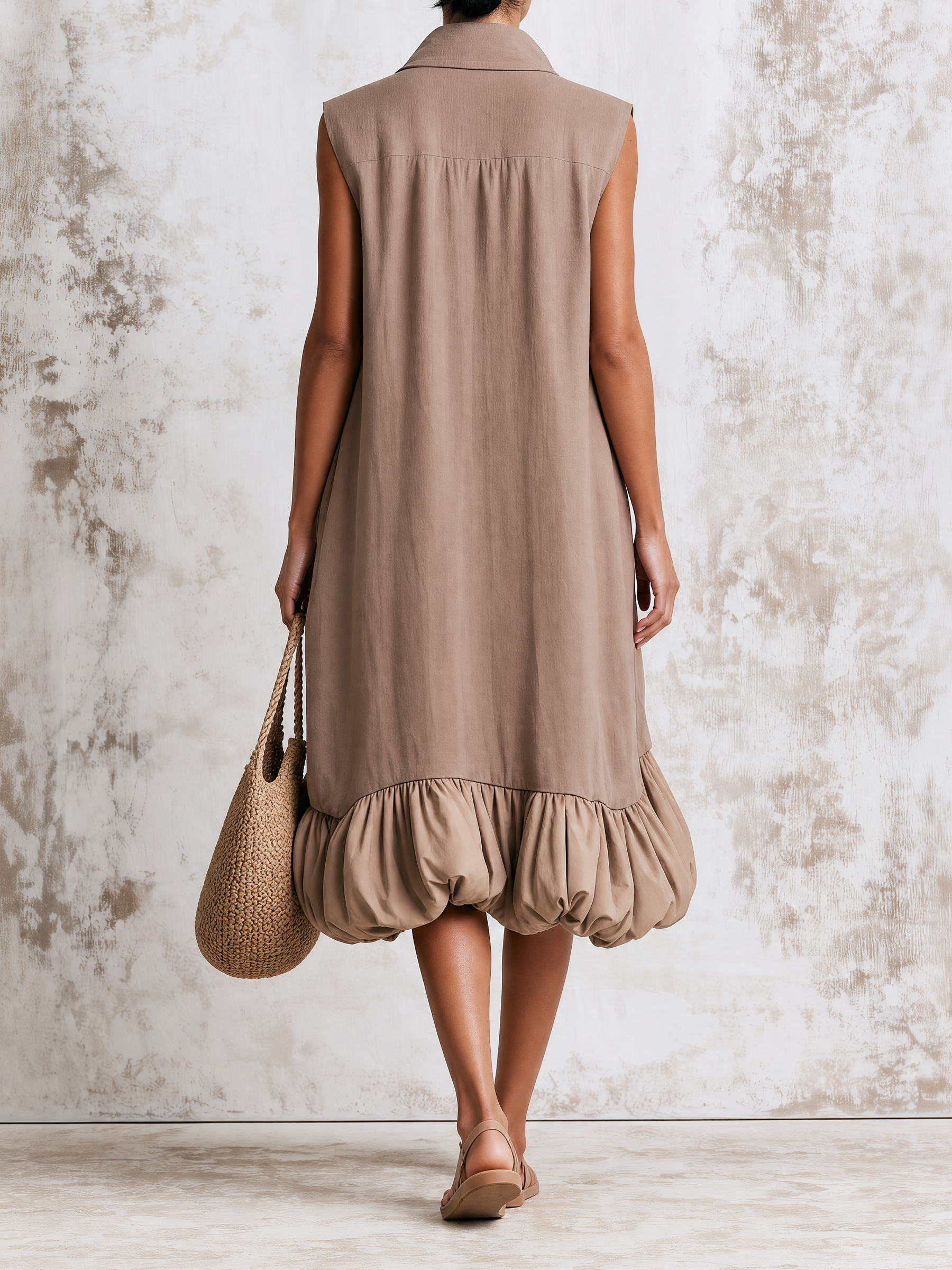 Sleeveless Half-Zip Stand Collar Bubble Hem Midi Dress, Loose Pocket Casual Summer Dress