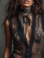 Vintage Floral Print Lace Trim Sheer Vest