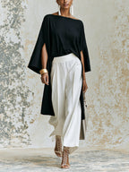 Elegant Black Asymmetric Kaftan Top & White Wide Leg Pants Set – Minimalist Luxury Two Piece Outfit
