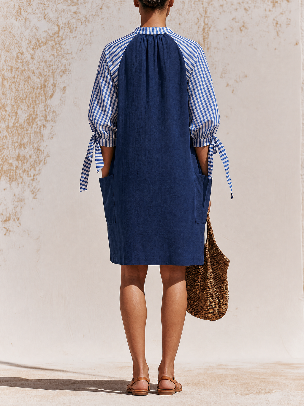 Stand Collar V-Neck Raglan Striped Sleeve Linen Blend Mini Shift Dress With Side Pockets