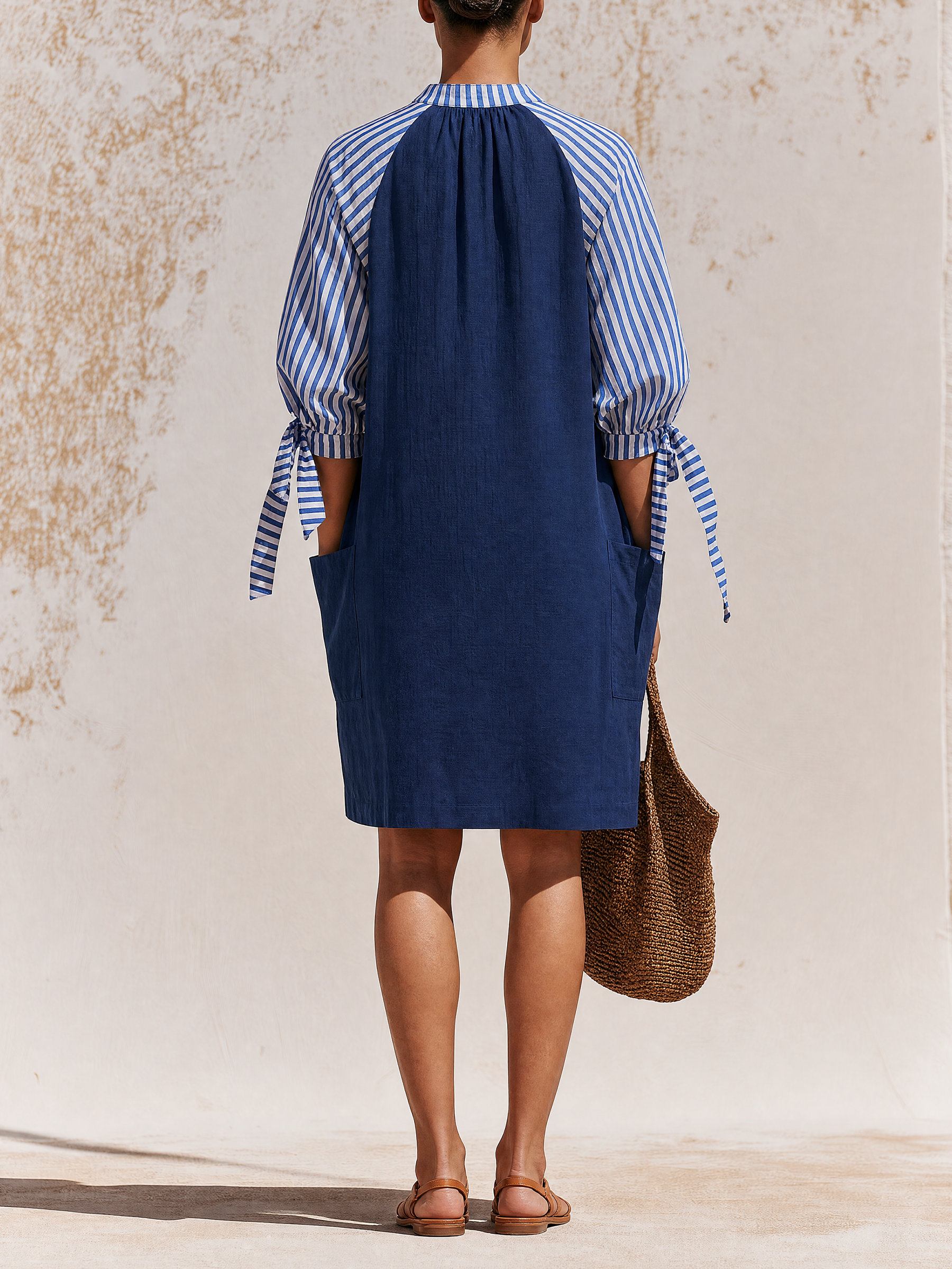 Stand Collar V-Neck Raglan Striped Sleeve Linen Blend Mini Shift Dress With Side Pockets