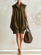 Olive Sleeveless Bubble Hem Cotton Shirt Mini Dress