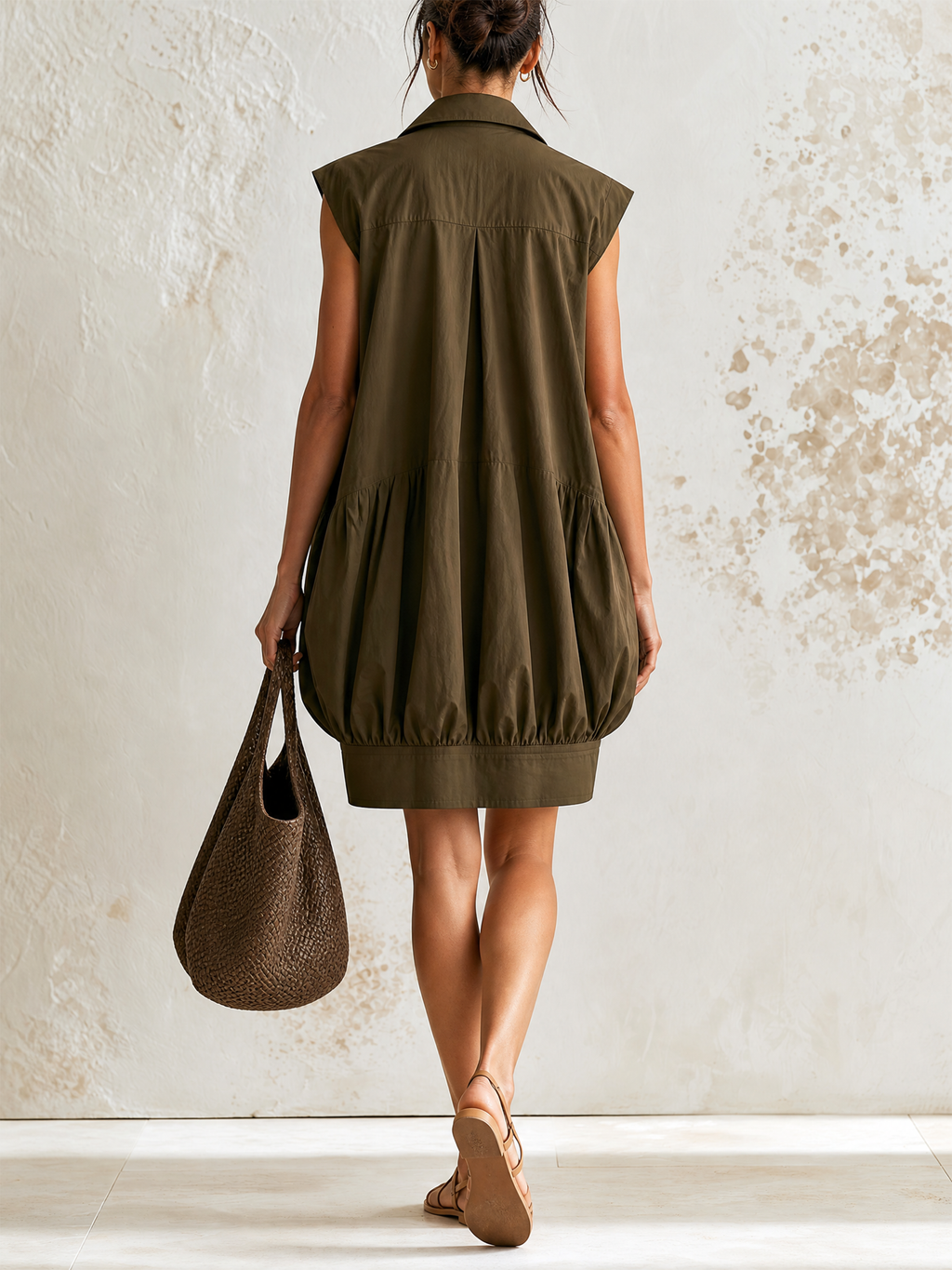 Olive Sleeveless Bubble Hem Cotton Shirt Mini Dress