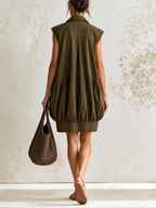 Olive Sleeveless Bubble Hem Cotton Shirt Mini Dress