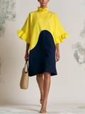Ruffled High Neck Half Sleeve Curved Navy Color Block Linen Blend Loose Midi Dress