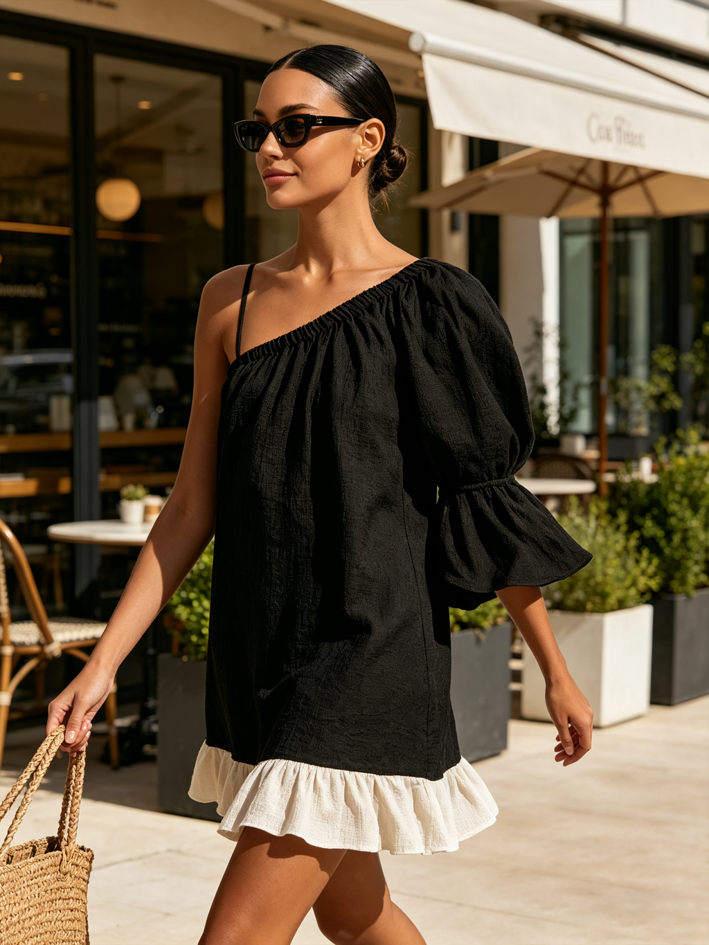 Single Thin Strap One Shoulder Puff Sleeve Linen Mini Dress With Contrast White Ruffle Hem