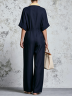 Navy Stripe Trim Zip Front Wide Leg Linen Blend Jumpsuit