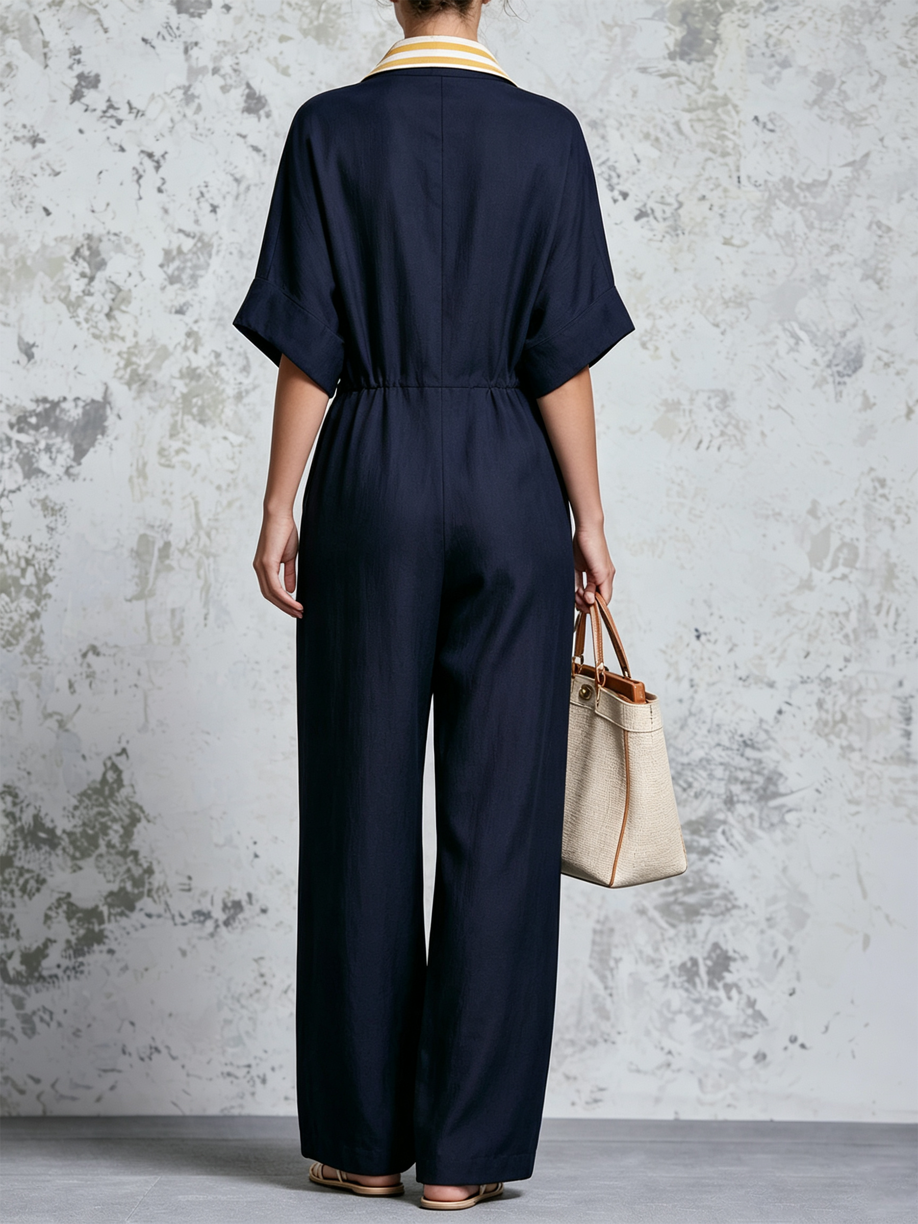 Navy Stripe Trim Zip Front Wide Leg Linen Blend Jumpsuit