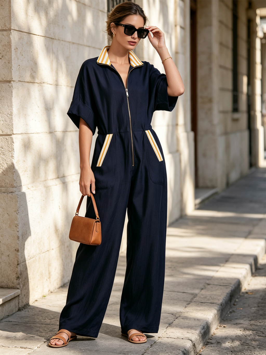 Navy Stripe Trim Zip Front Wide Leg Linen Blend Jumpsuit
