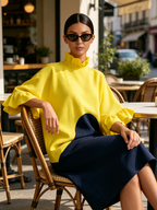 Ruffled High Neck Half Sleeve Curved Navy Color Block Linen Blend Loose Midi Dress