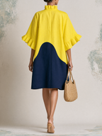 Ruffled High Neck Half Sleeve Curved Navy Color Block Linen Blend Loose Midi Dress