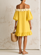 Bright Yellow Off-The-Shoulder Puff Sleeve Mini Dress With 3D Floral Trim & Ruffle Hem