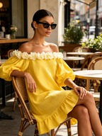 Bright Yellow Off-The-Shoulder Puff Sleeve Mini Dress With 3D Floral Trim & Ruffle Hem