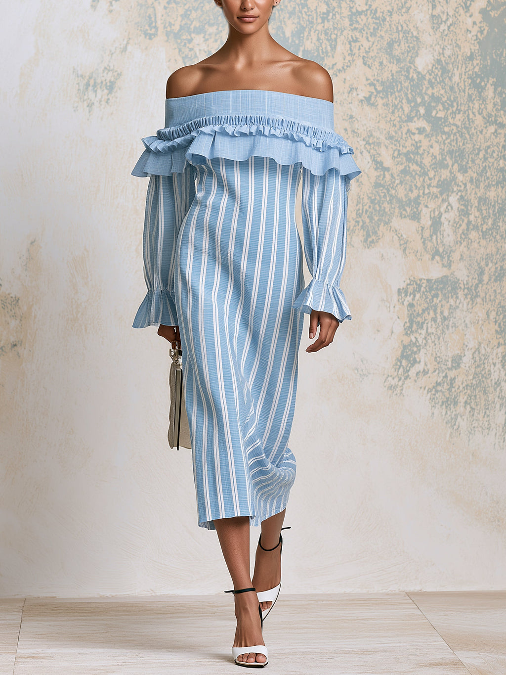 Off Shoulder Blue Striped Ruffle Midi Dress – Elegant Long Sleeve Summer Dress With Feminine Details