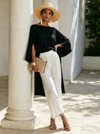 Elegant Black Asymmetric Kaftan Top & White Wide Leg Pants Set – Minimalist Luxury Two Piece Outfit