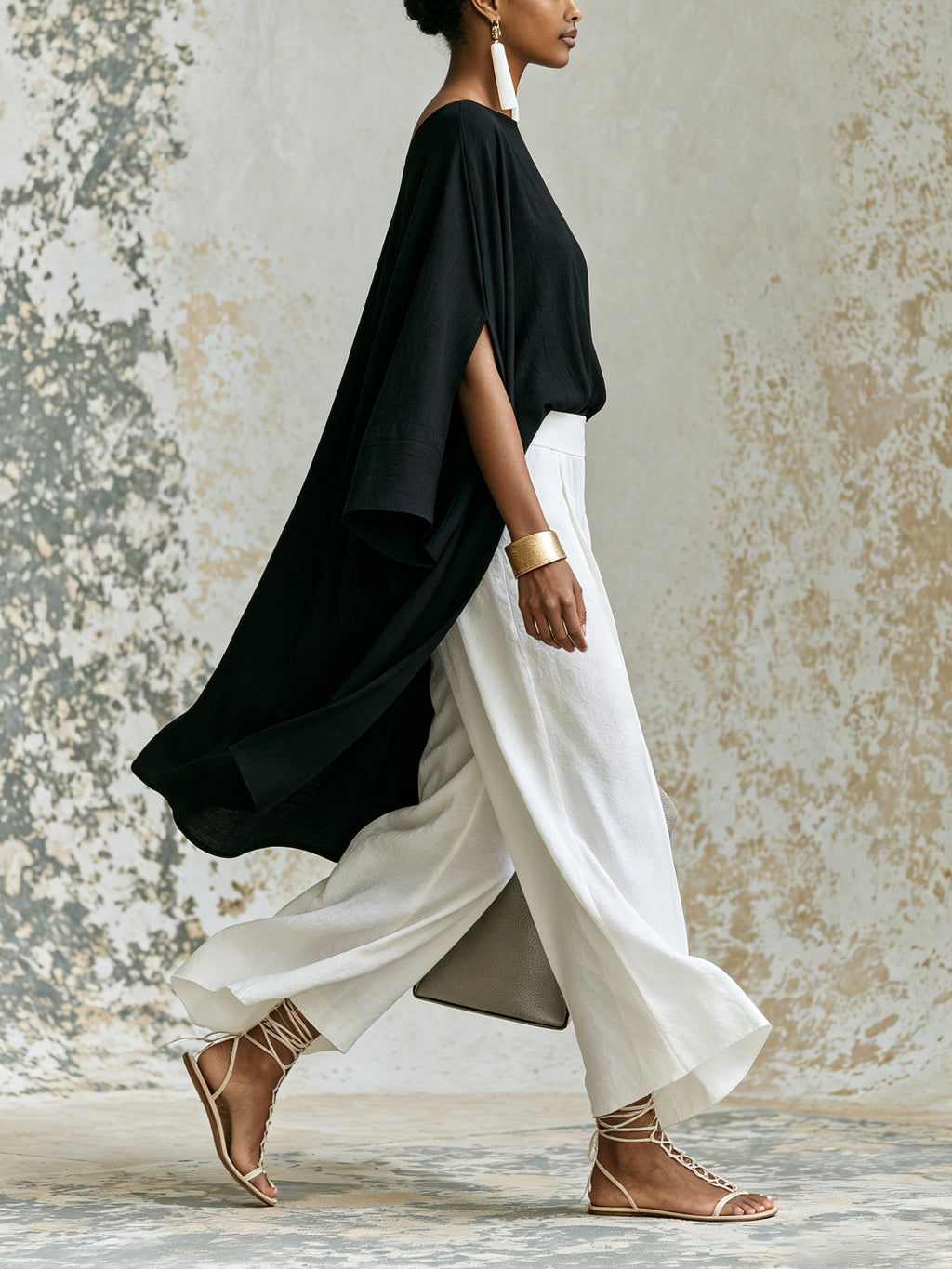 Elegant Black Asymmetric Kaftan Top & White Wide Leg Pants Set – Minimalist Luxury Two Piece Outfit