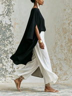 Elegant Black Asymmetric Kaftan Top & White Wide Leg Pants Set – Minimalist Luxury Two Piece Outfit