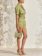 Olive Green Utility Romper For Women – Short Sleeve Cargo Jumpsuit With Cinched Waist & Pocket Details
