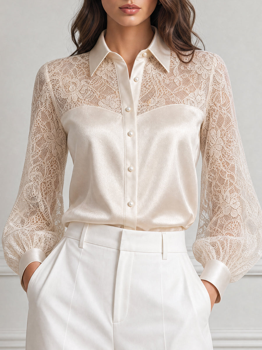 Elegant Floral Lace Satin Patchwork Collared Blouse