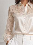 Elegant Floral Lace Satin Patchwork Collared Blouse
