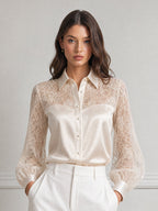 Elegant Floral Lace Satin Patchwork Collared Blouse