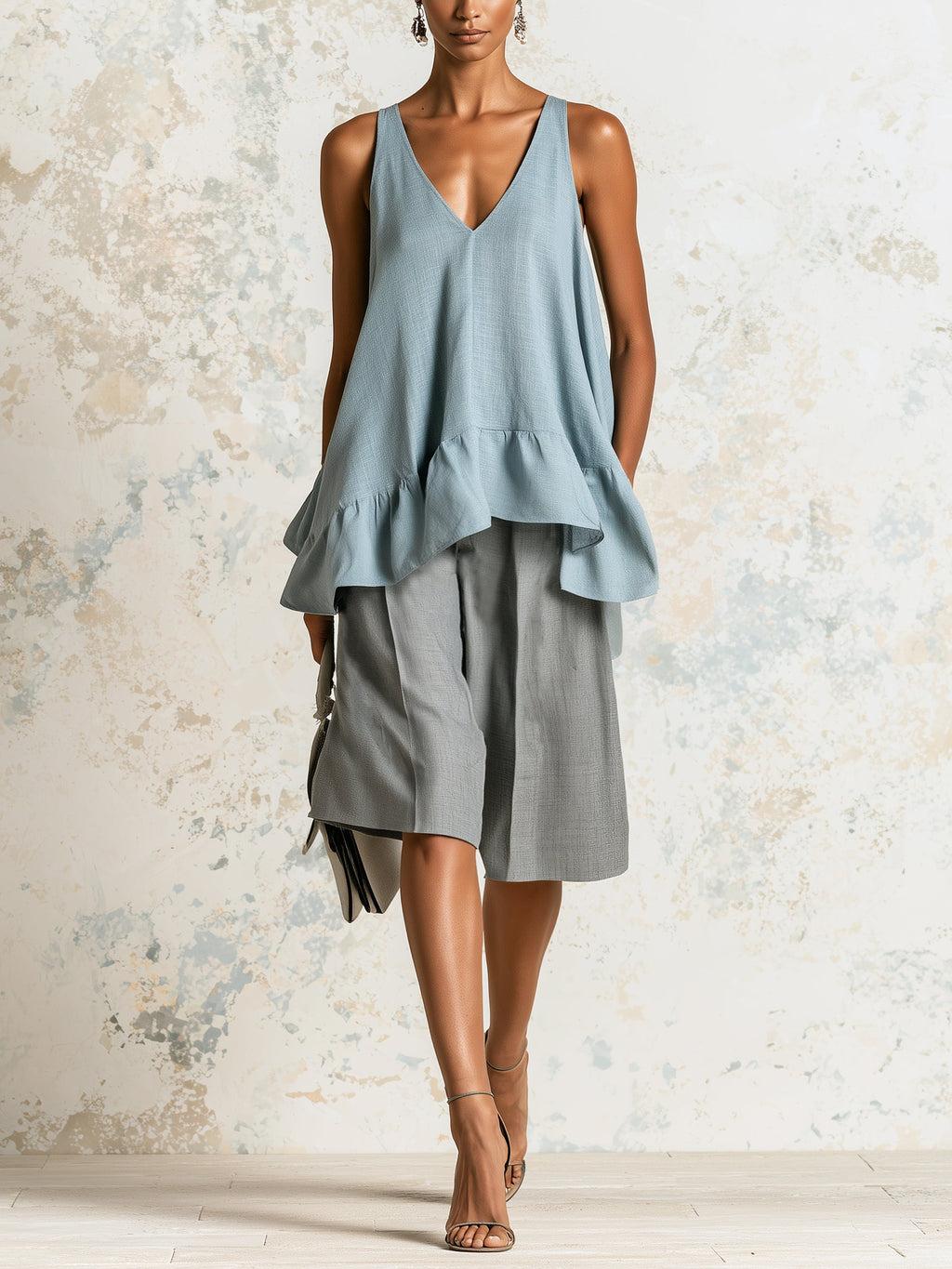 Minimalist Blue Ruffle Hem Tank Top – Elegant V Neck Sleeveless Peplum Blouse For Women