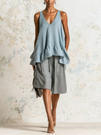 Minimalist Blue Ruffle Hem Tank Top – Elegant V Neck Sleeveless Peplum Blouse For Women