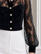 Elegant Velvet Collar & Pearl Buttons Floral Lace Blouse