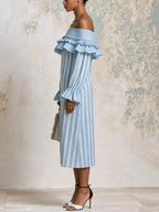 Off Shoulder Blue Striped Ruffle Midi Dress – Elegant Long Sleeve Summer Dress With Feminine Details