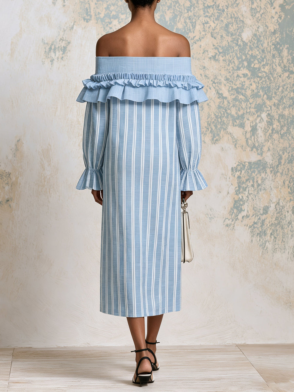 Off Shoulder Blue Striped Ruffle Midi Dress – Elegant Long Sleeve Summer Dress With Feminine Details