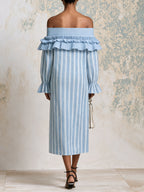 Off Shoulder Blue Striped Ruffle Midi Dress – Elegant Long Sleeve Summer Dress With Feminine Details