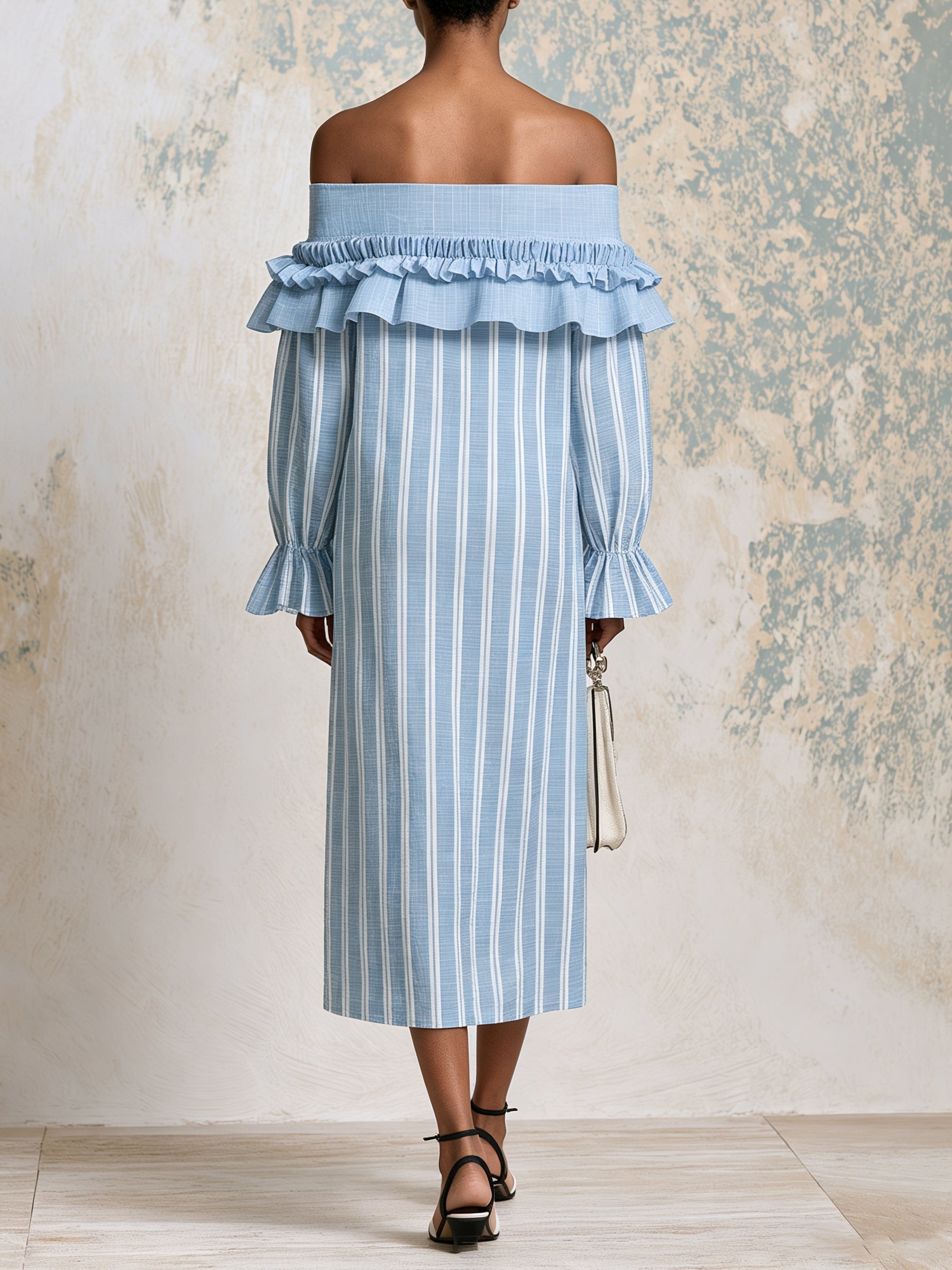 Off Shoulder Blue Striped Ruffle Midi Dress – Elegant Long Sleeve Summer Dress With Feminine Details