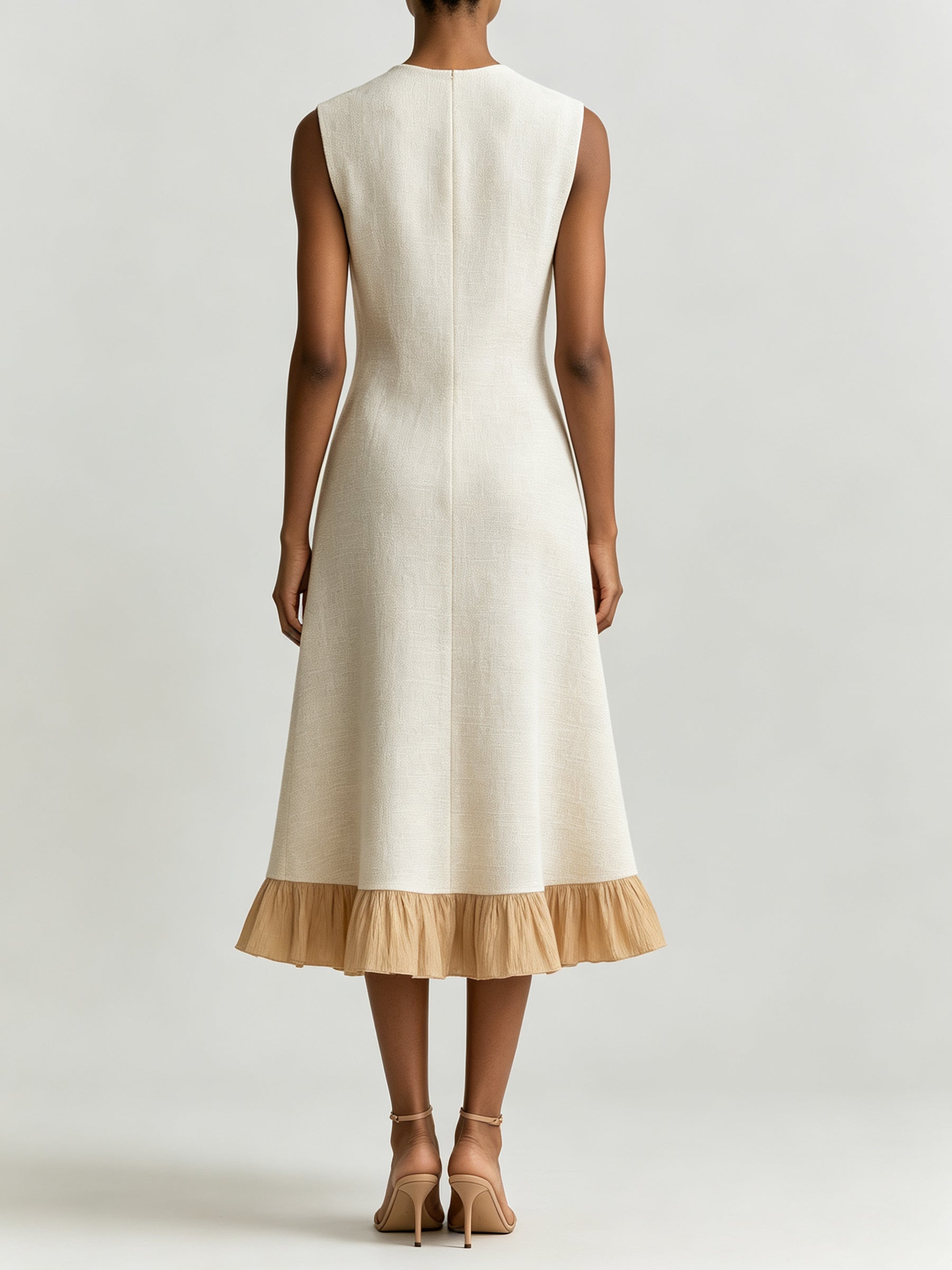 Elegant White Ruffle Hem Midi Dress – Minimalist Sleeveless A-Line Dress With Layered Sheer Detail