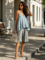 Minimalist Blue Ruffle Hem Tank Top – Elegant V Neck Sleeveless Peplum Blouse For Women