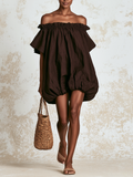 Ruffled Off-The-Shoulder Loose Linen Blend Bubble Hem Mini Dress