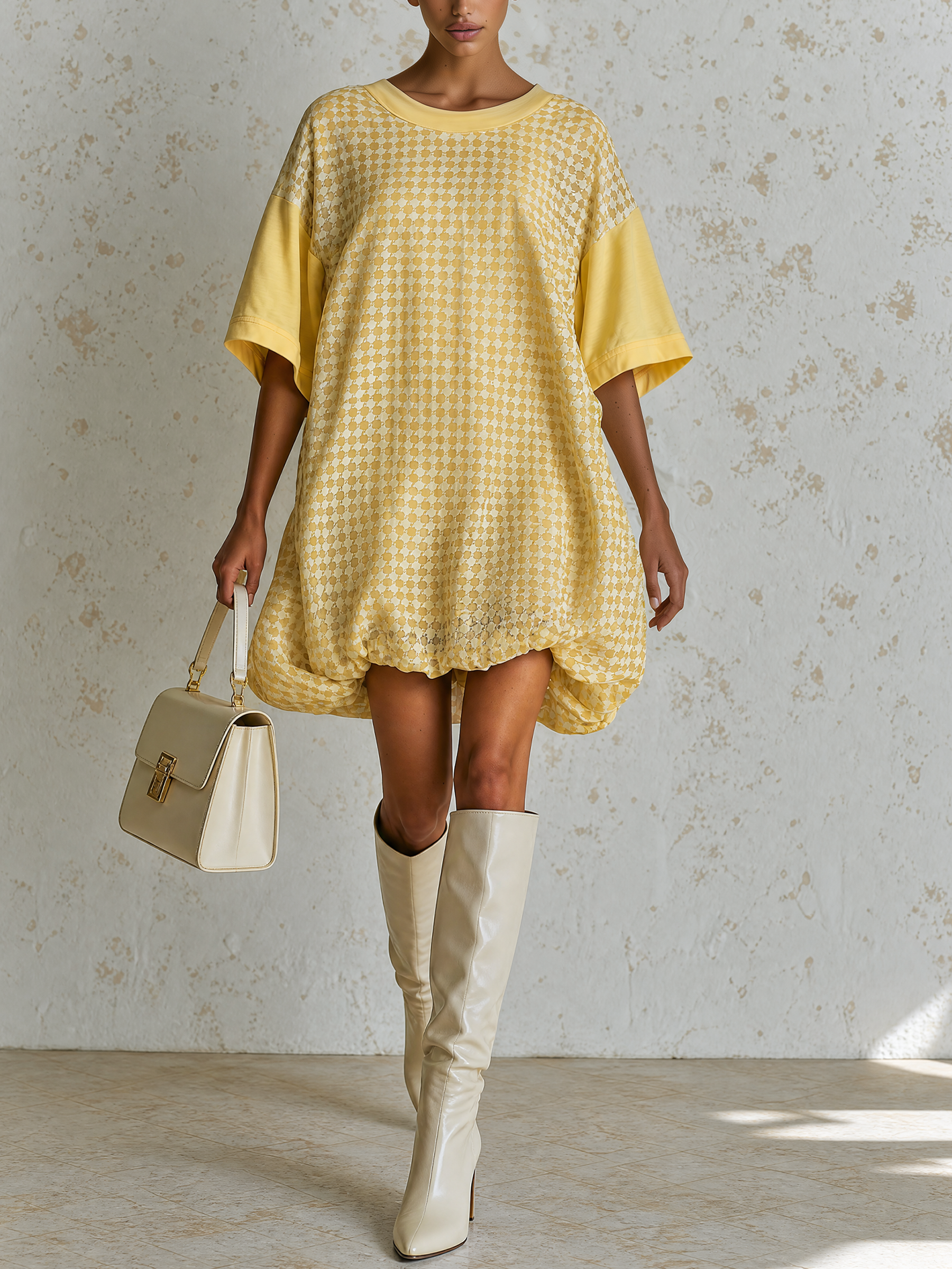 Yellow Grid Chiffon Patchwork Bubble Hem Oversized Mini Dress