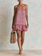 Red Blue Gingham Smocked Strapless Bubble Ruffle Hem Mini Dress
