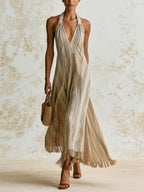 Bohemian Striped Halter Maxi Dress – Elegant Backless Linen Blend Summer Dress With Fringe Hem