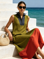 Color Block Stripe Collar Sleeveless Linen Blend Maxi Dress