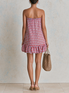 Red Blue Gingham Smocked Strapless Bubble Ruffle Hem Mini Dress