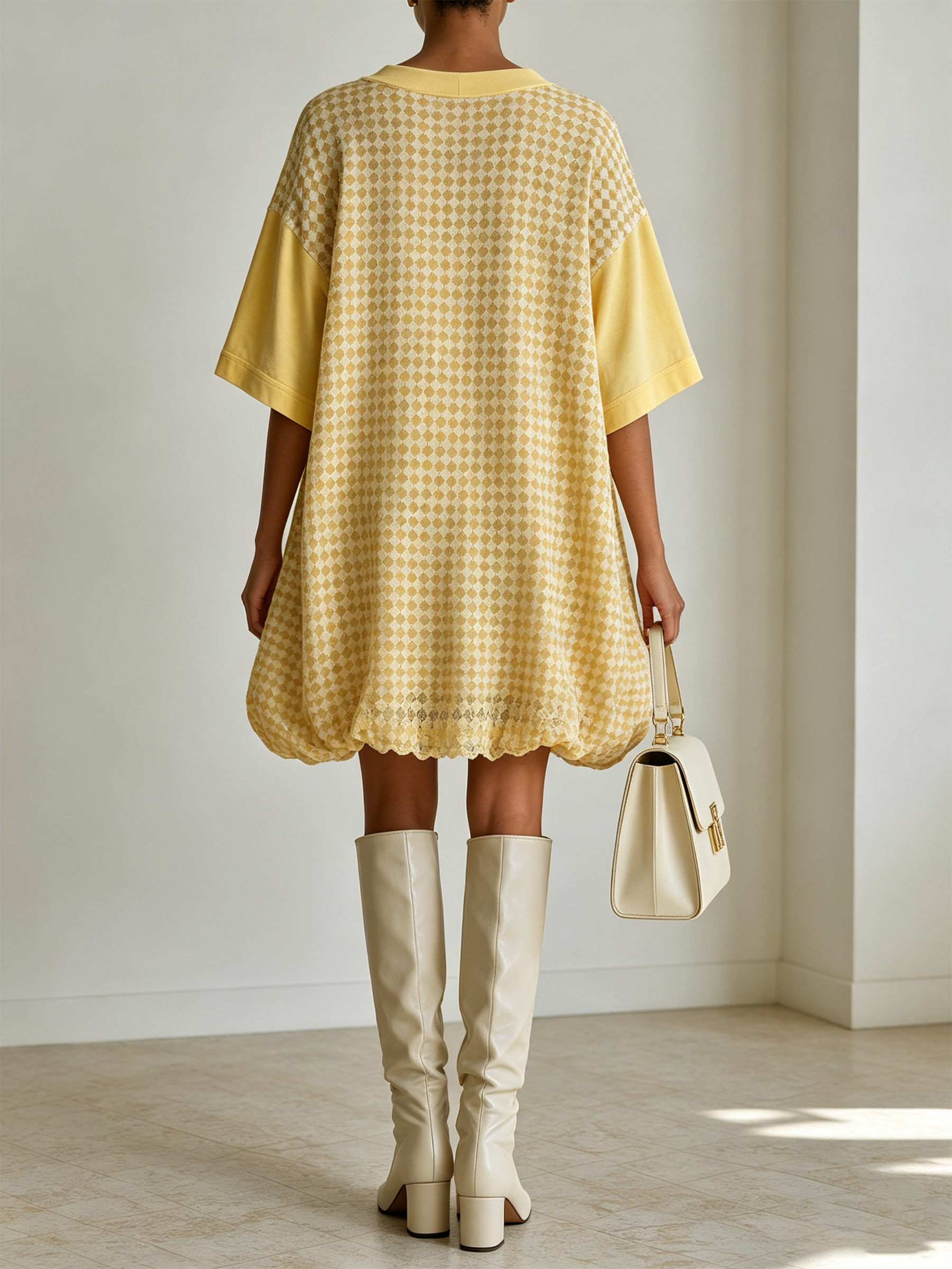 Yellow Grid Chiffon Patchwork Bubble Hem Oversized Mini Dress