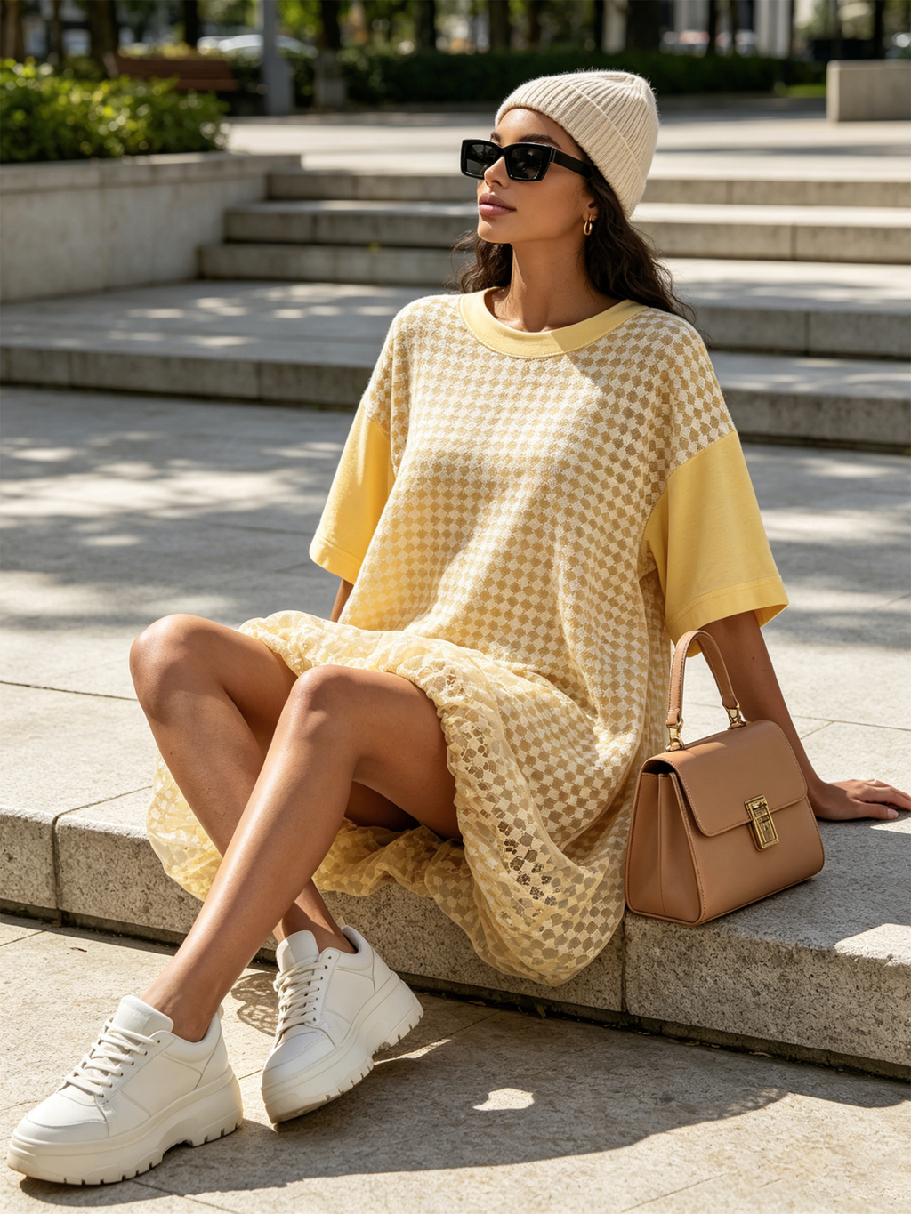 Yellow Grid Chiffon Patchwork Bubble Hem Oversized Mini Dress