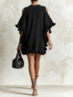 Black Cold Shoulder Ruffle Trim Oversized Mini Dress