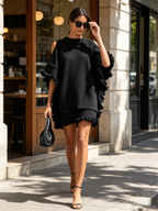 Black Cold Shoulder Ruffle Trim Oversized Mini Dress