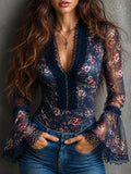 Boho Navy Floral Mesh Lace Trim V Neck Flare Sleeve Blouse