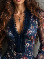 Boho Navy Floral Mesh Lace Trim V Neck Flare Sleeve Blouse