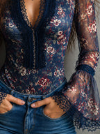 Boho Navy Floral Mesh Lace Trim V Neck Flare Sleeve Blouse